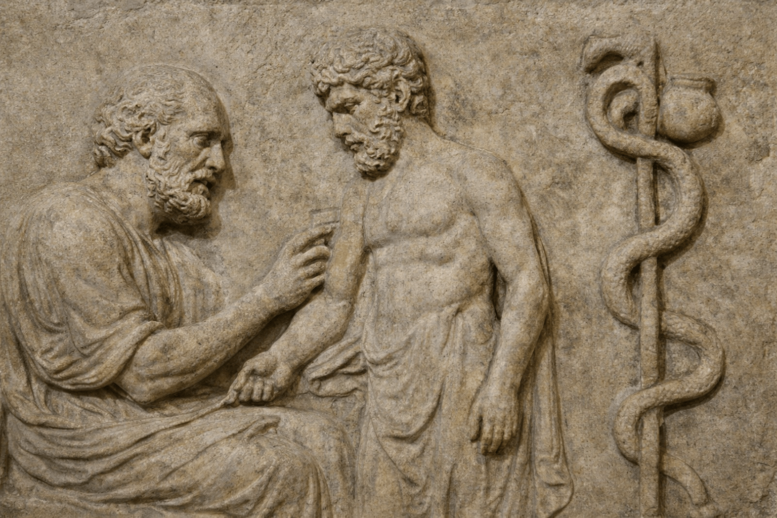 medicina griega antigua médico examinando paciente símbolo bastón de Asclepio